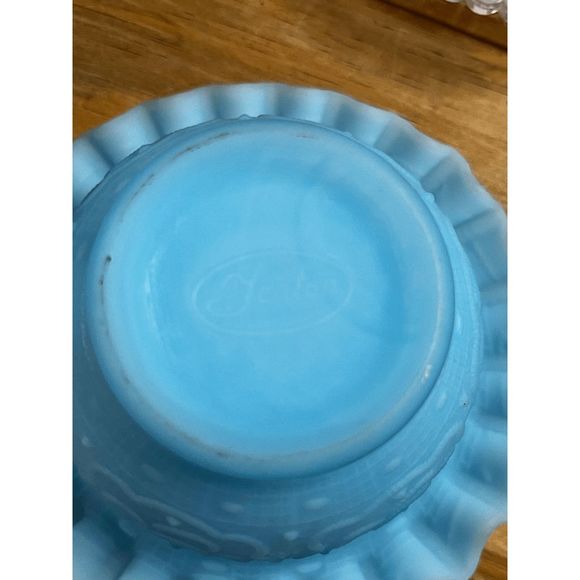 Vintage Fenton Custard Blue Satin Glass Persian Medallion Pattern Fairy Lamp - Picture 2 of 8